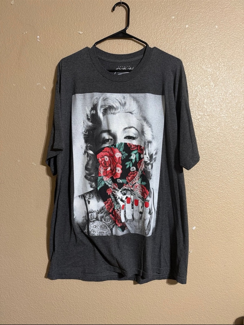 Marilyn Monroe Charcoal Graphic Short Sleeve Tee with Red Rose Bandana Print